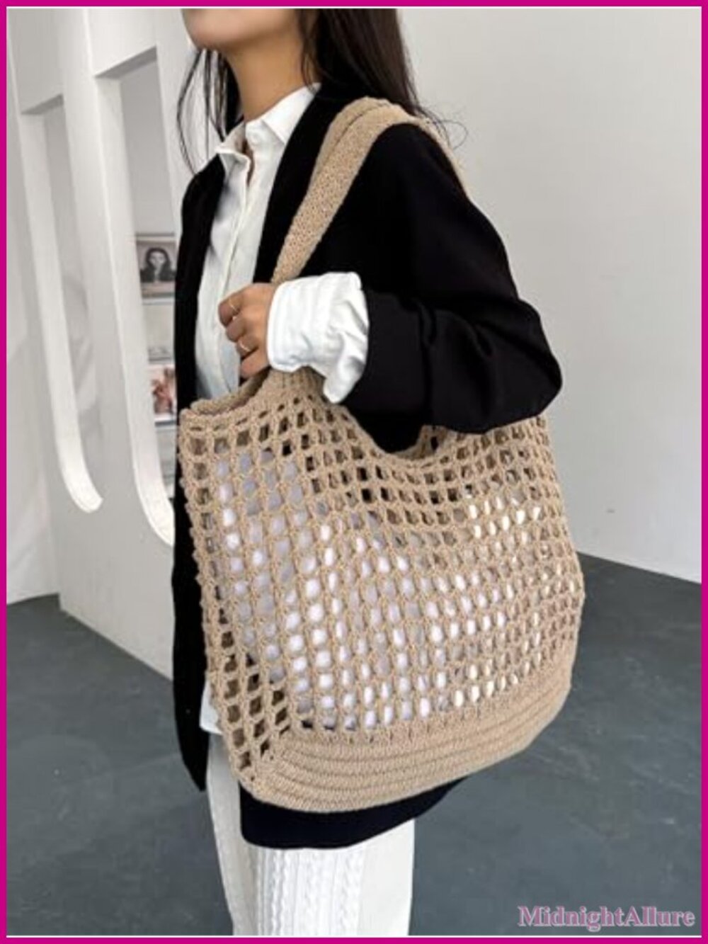 Foldable Beach Tote Bag Lightweight Knit Shoulder Bag Washable Cotton Tote